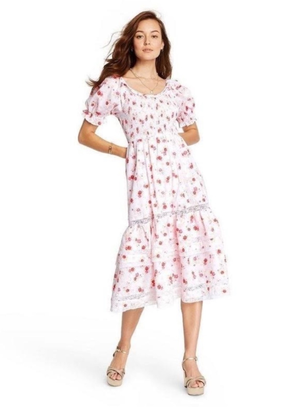 LoveShackFancy x Target Cosette Smocked Floral Midi Dress White Pink NWT